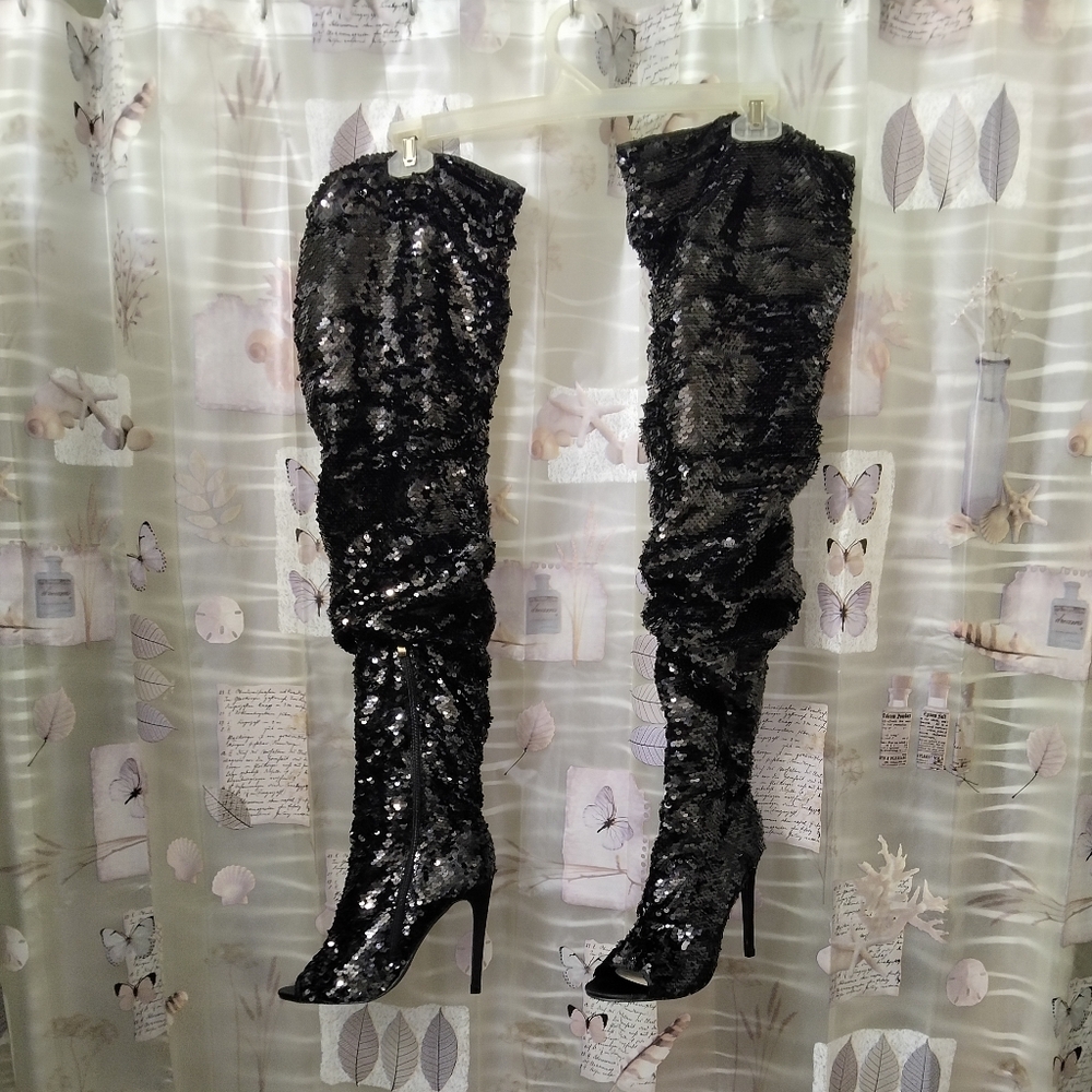 CAMSSOO Thigh High Sequins Over The Knee Open Toe Stiletto Boots - Picture 9 of 15